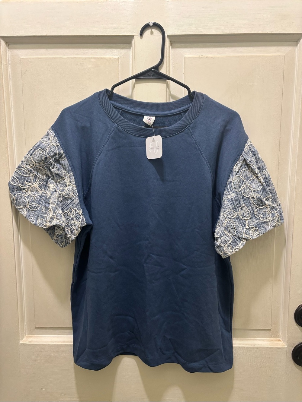Girls Navy Short Sleeve Top with Embroidered Puff Sleeves